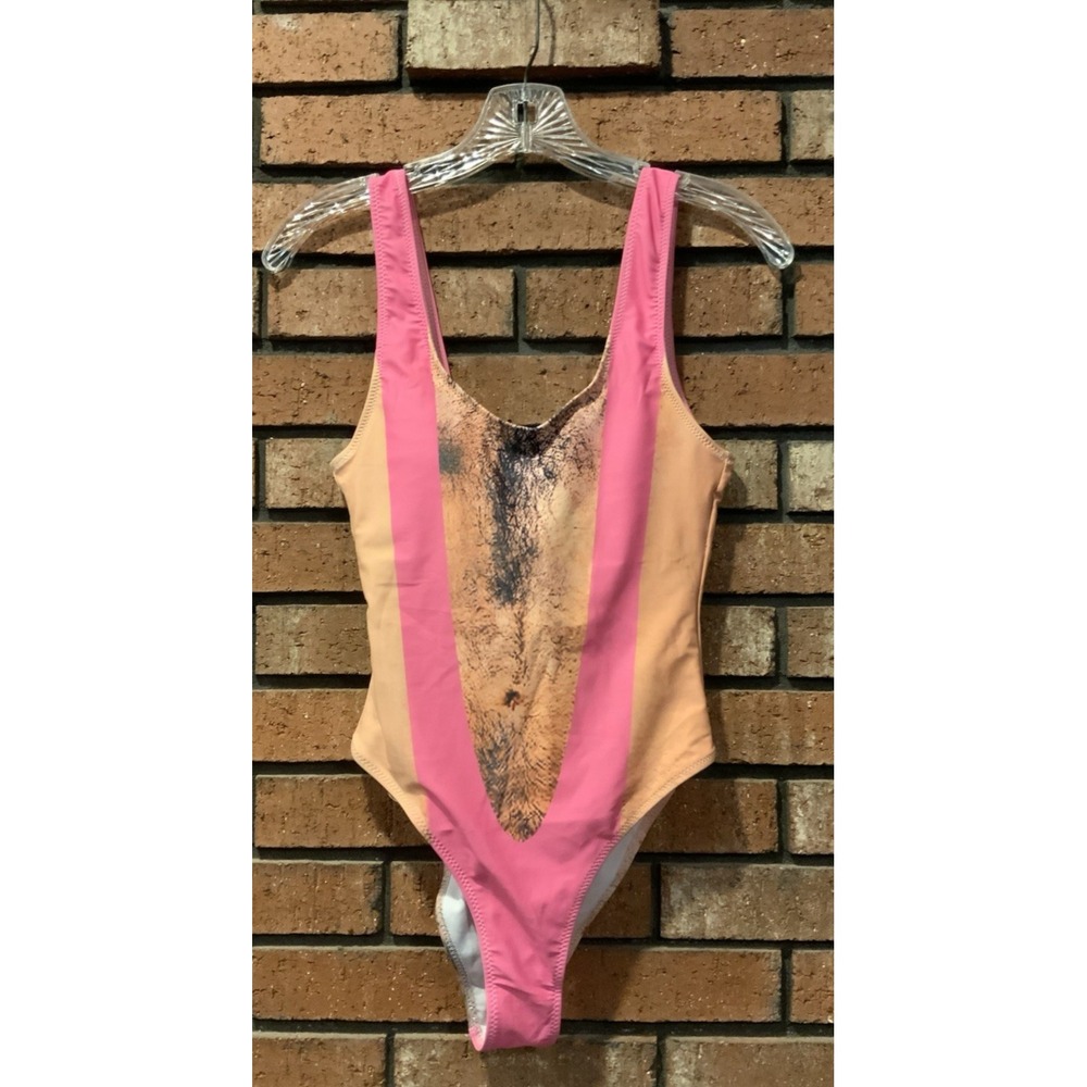 Womens 1 pc Swimsuit Hairy Chest and Back Pink String Bathing Suit Funny Size S - Picture 1 of 2